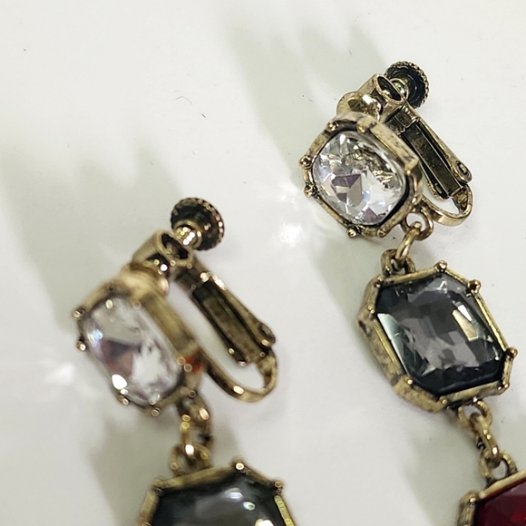 Vintage Clip on Drop Earrings Ruby Red Smokey Grey Crystal - Picture 4 of 7
